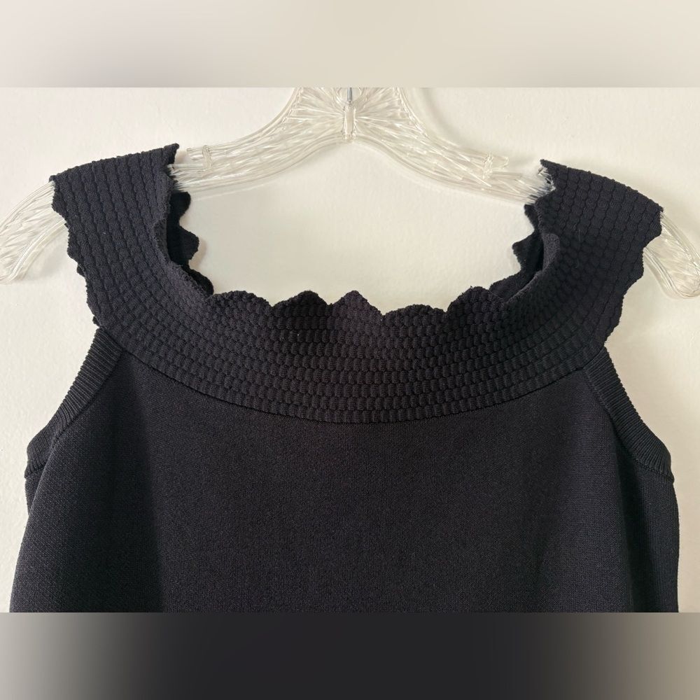Eliza J Black Rib Sweater Dress L Off Shoulder Scallop Trumpet Knee Midi Knit - Picture 4 of 10